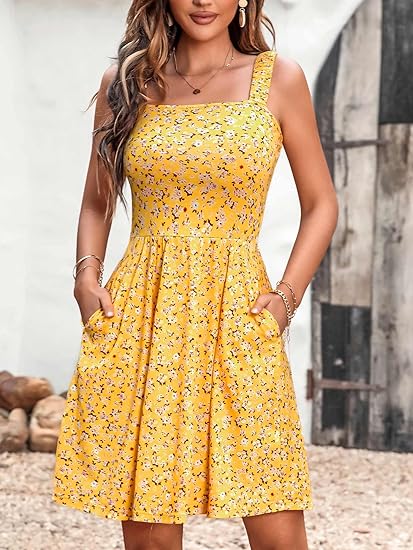 Women's Summer Casual Square Neck Dress with Pocket Cute Sleeveless High Waist A-line Sundress Midi Dresses