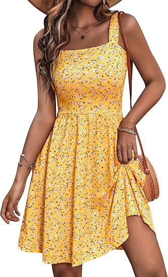 Women's Summer Casual Square Neck Dress with Pocket Cute Sleeveless High Waist A-line Sundress Midi Dresses